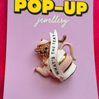 What’s the Tea? Diamanté cat in a teapot pin
