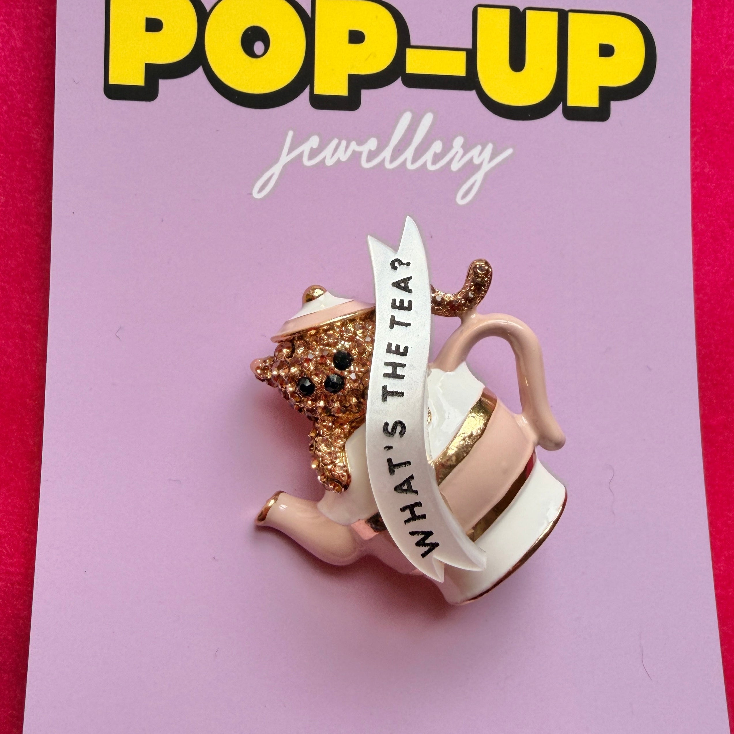 What’s the Tea? Diamanté cat in a teapot pin