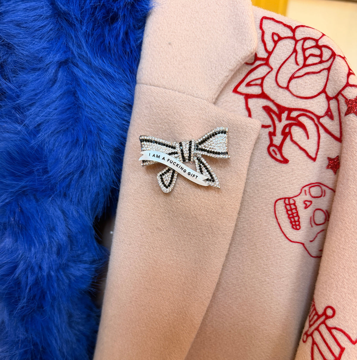I Am a FUCKING GIFT, diamanté bow pin