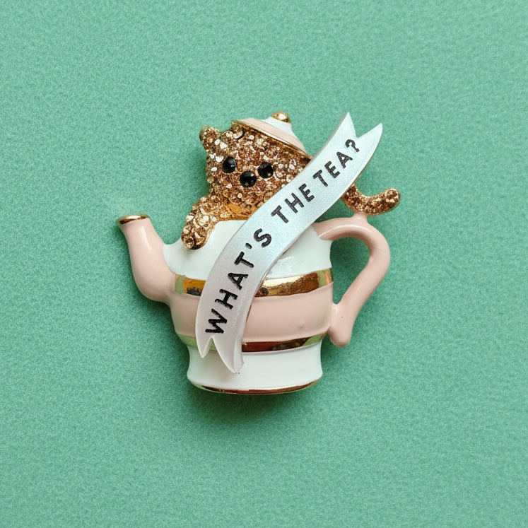 What’s the Tea? Diamanté cat in a teapot pin