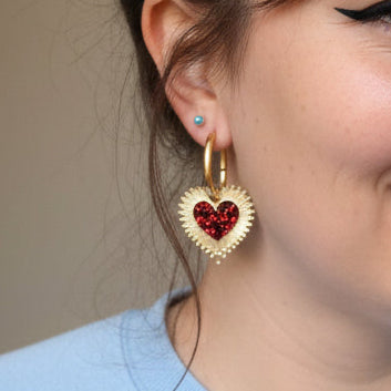 Heart Burst Earrings, Red Sparkle