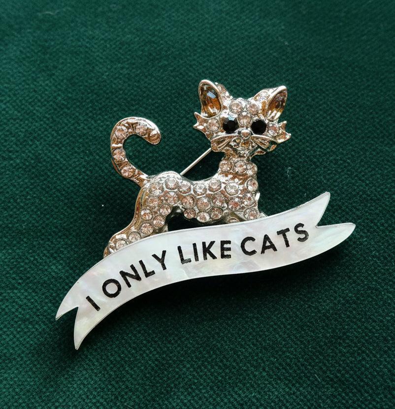I ONLY LIKE CATS, vintage diamond cat pin.