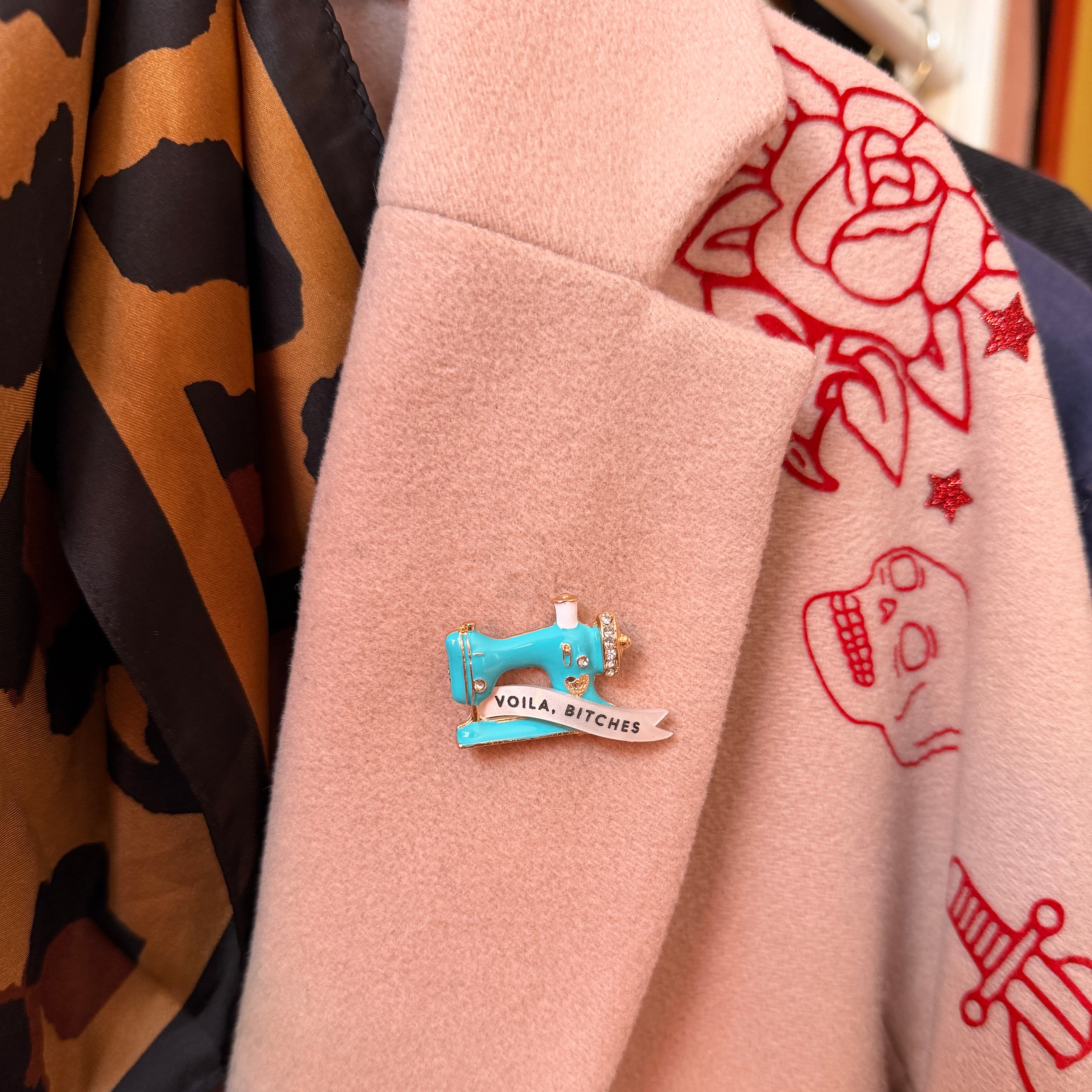 VOILA, BITCHES, diamanté sewing machine pin