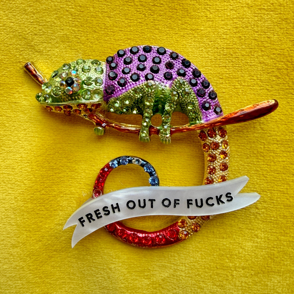 A CHAMELEON THAT’S GIVEN UP. Diamanté pin