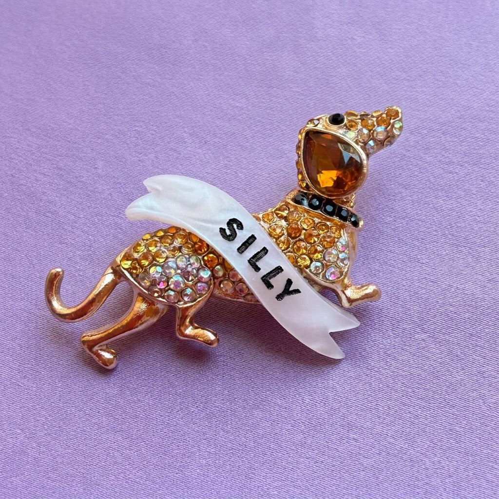 Silly Sausage, diamanté daschund pin