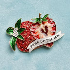 PUMP UP THE JAM, diamanté strawberry pin.