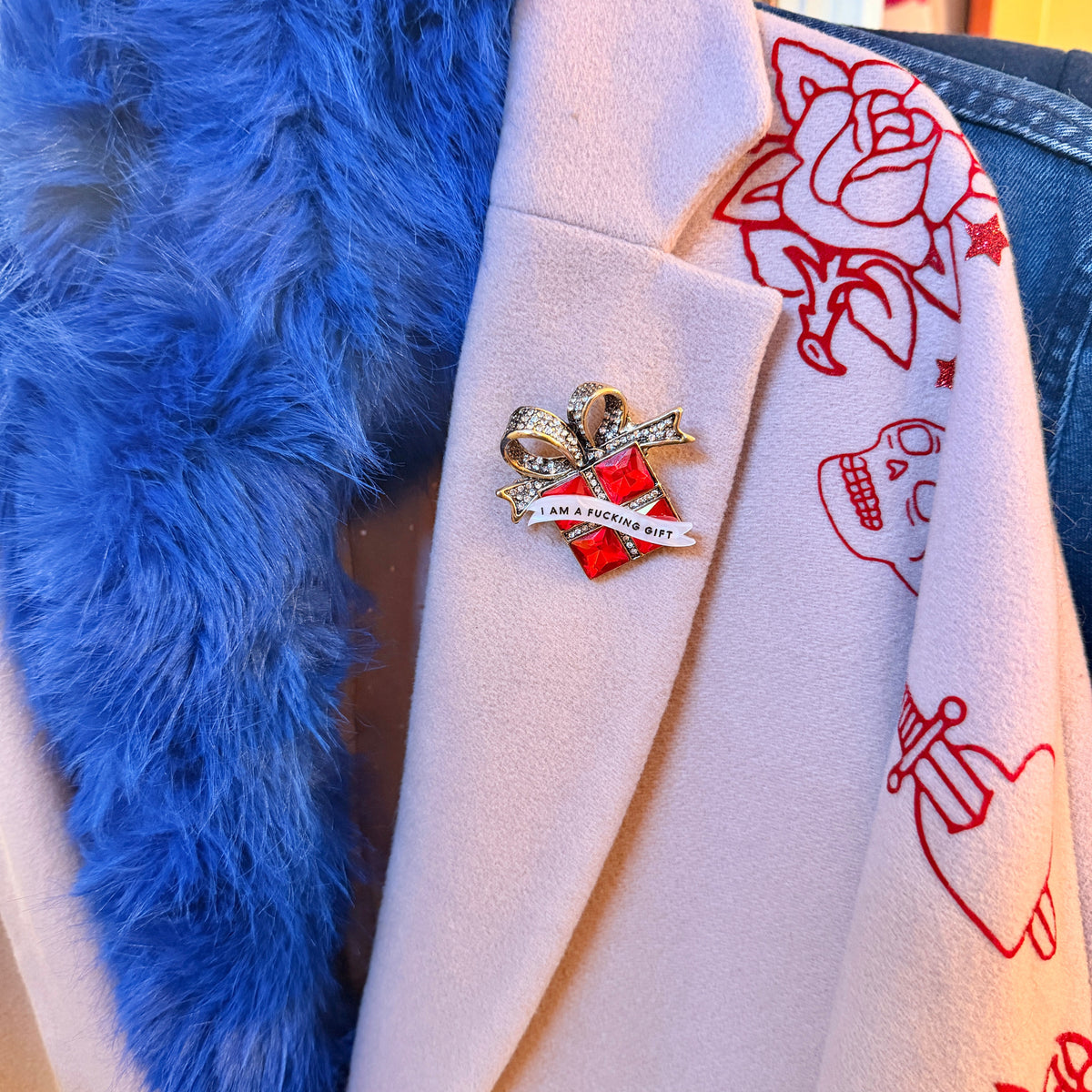 I am an actual Fucking GIFT!, diamanté present pin