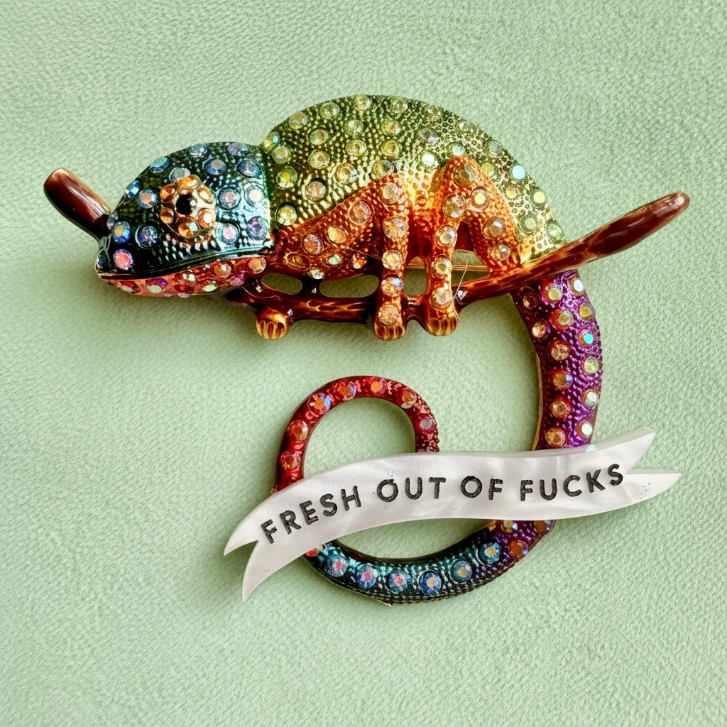 A CHAMELEON THAT’S GIVEN UP. Diamanté pin