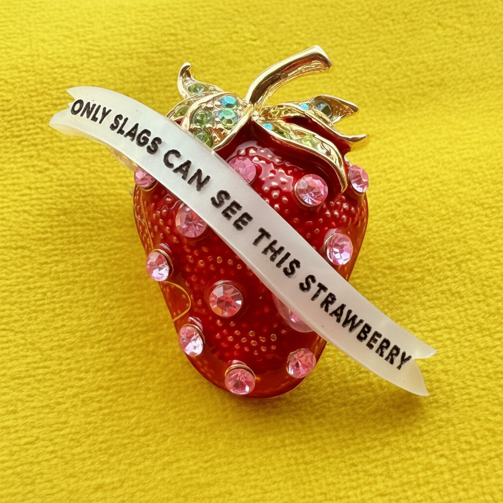 Invisible strawberry, diamanté pin.