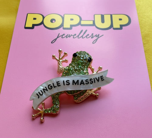 (Restock end of feb!) 
JUNGLE IS MASSIVE tree frog diamanté pin
