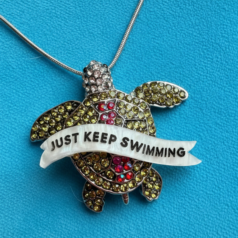 JUST KEEP SWIMMING diamanté turtle necklace