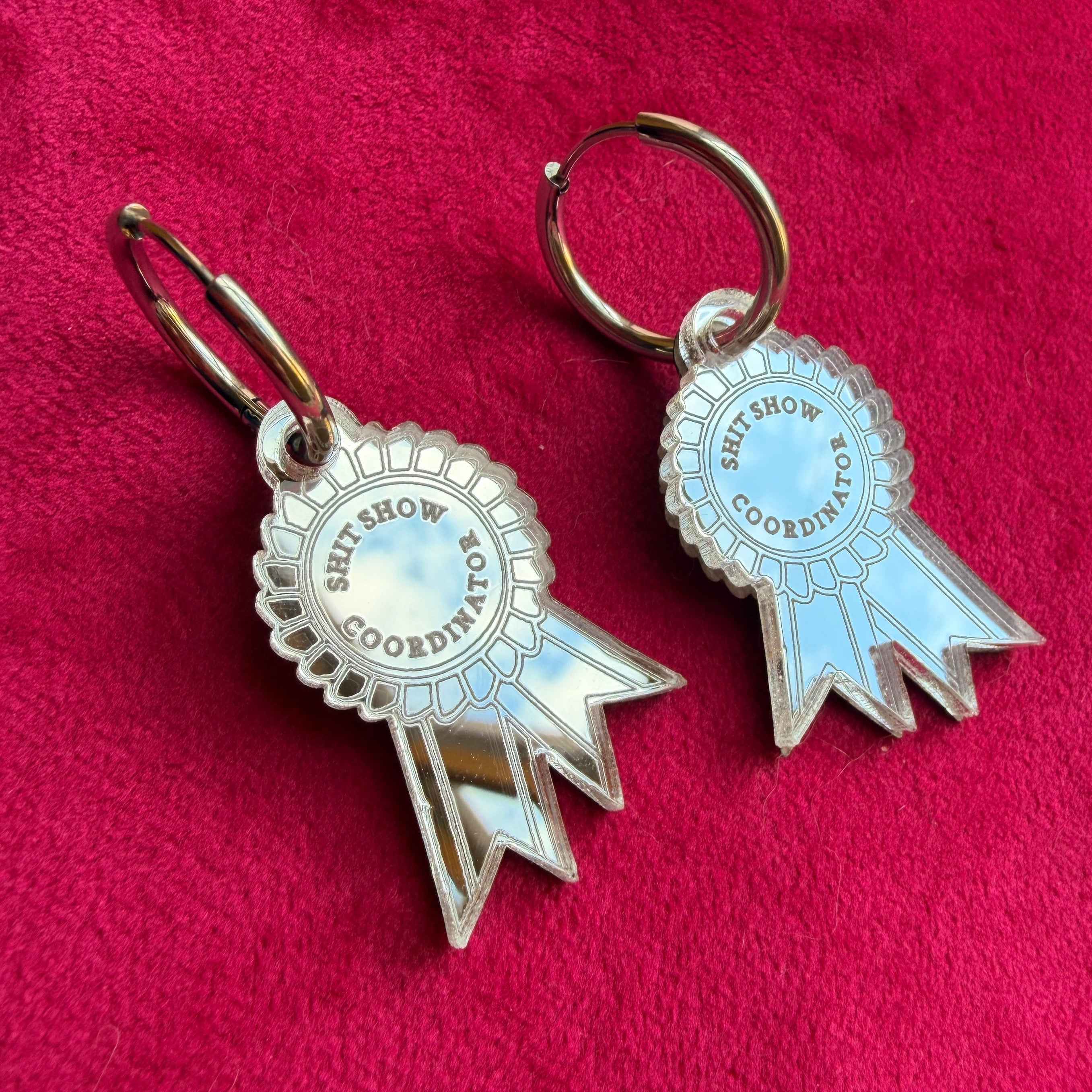 SHIT SHOW COORDINATOR, rosette earrings.