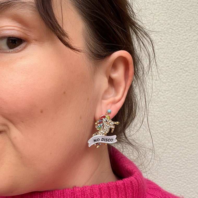 ALL PANIC, NO DISCO diamanté unicorn studs