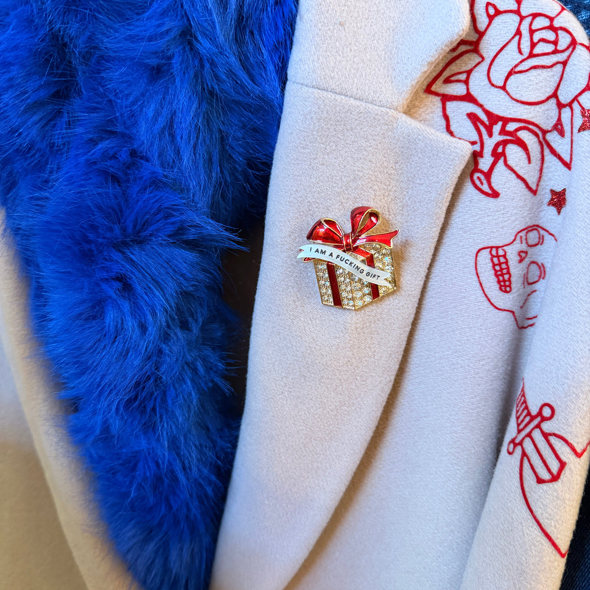 I am an actual Fucking GIFT!, diamanté present pin (version 2)