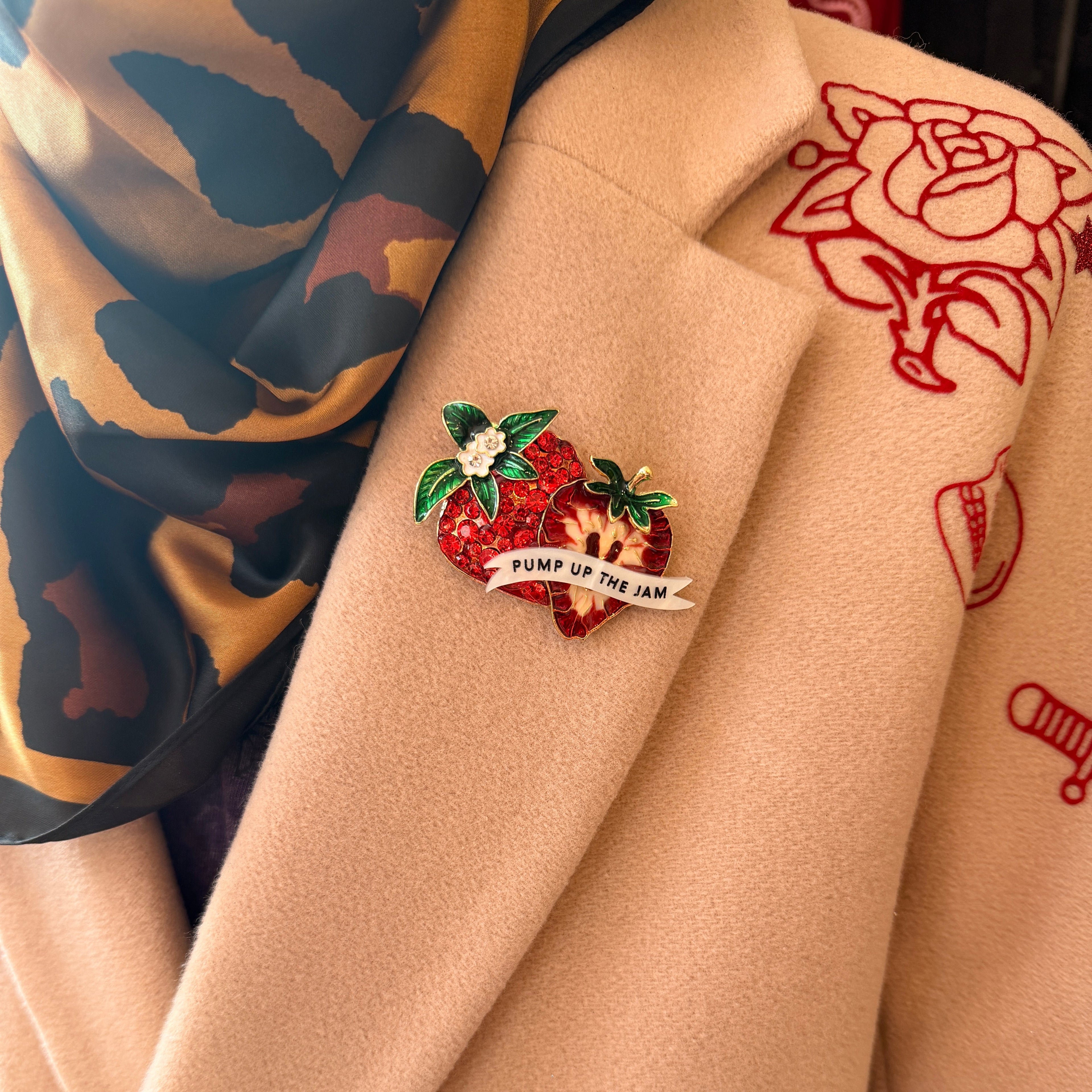 PUMP UP THE JAM, diamanté strawberry pin.