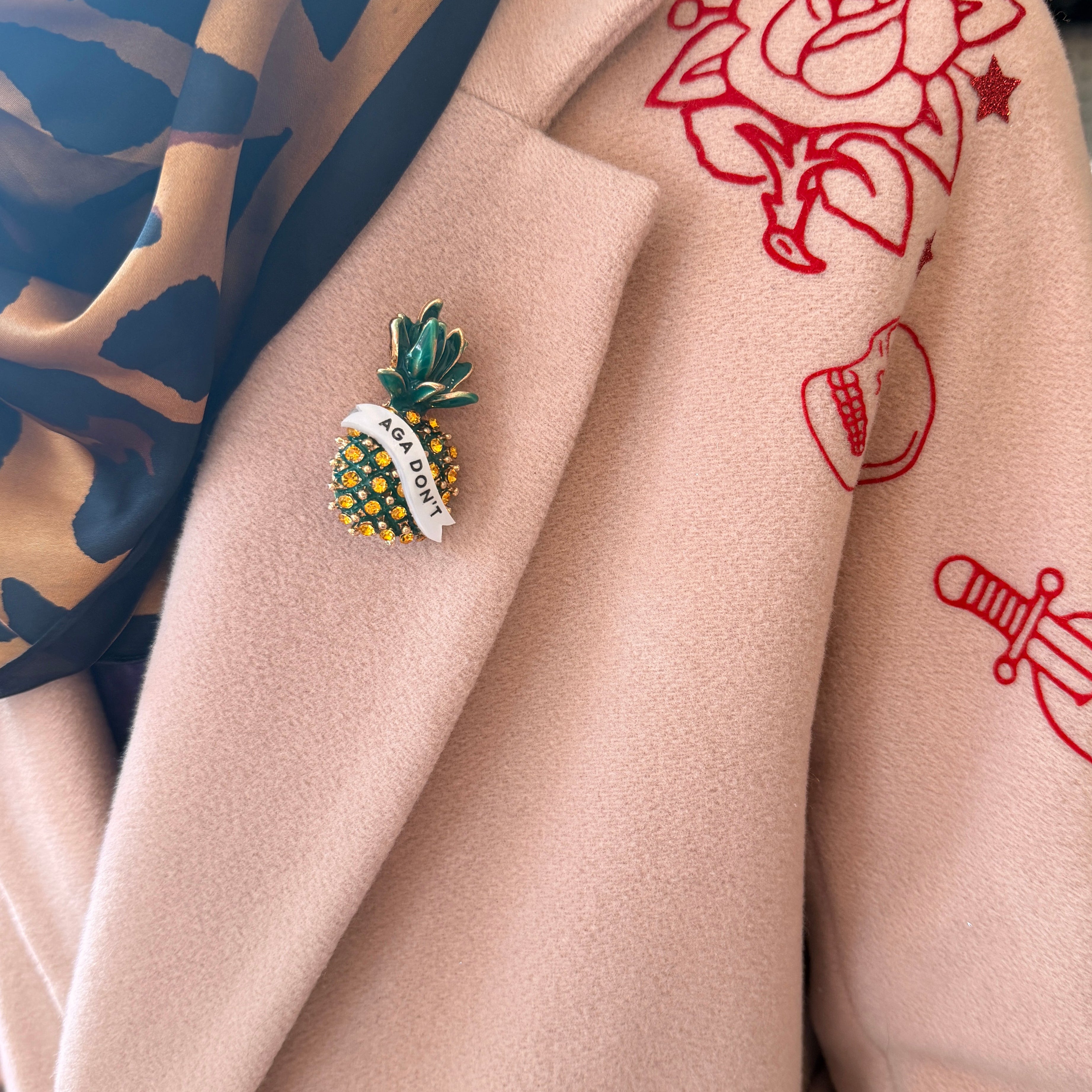 Push pineapple shake the tree. Diamanté pin
