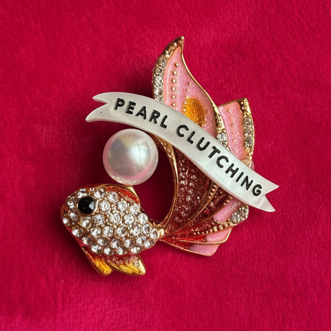 Clutch your pearls! It’s a scandalised fish! Diamanté pin
