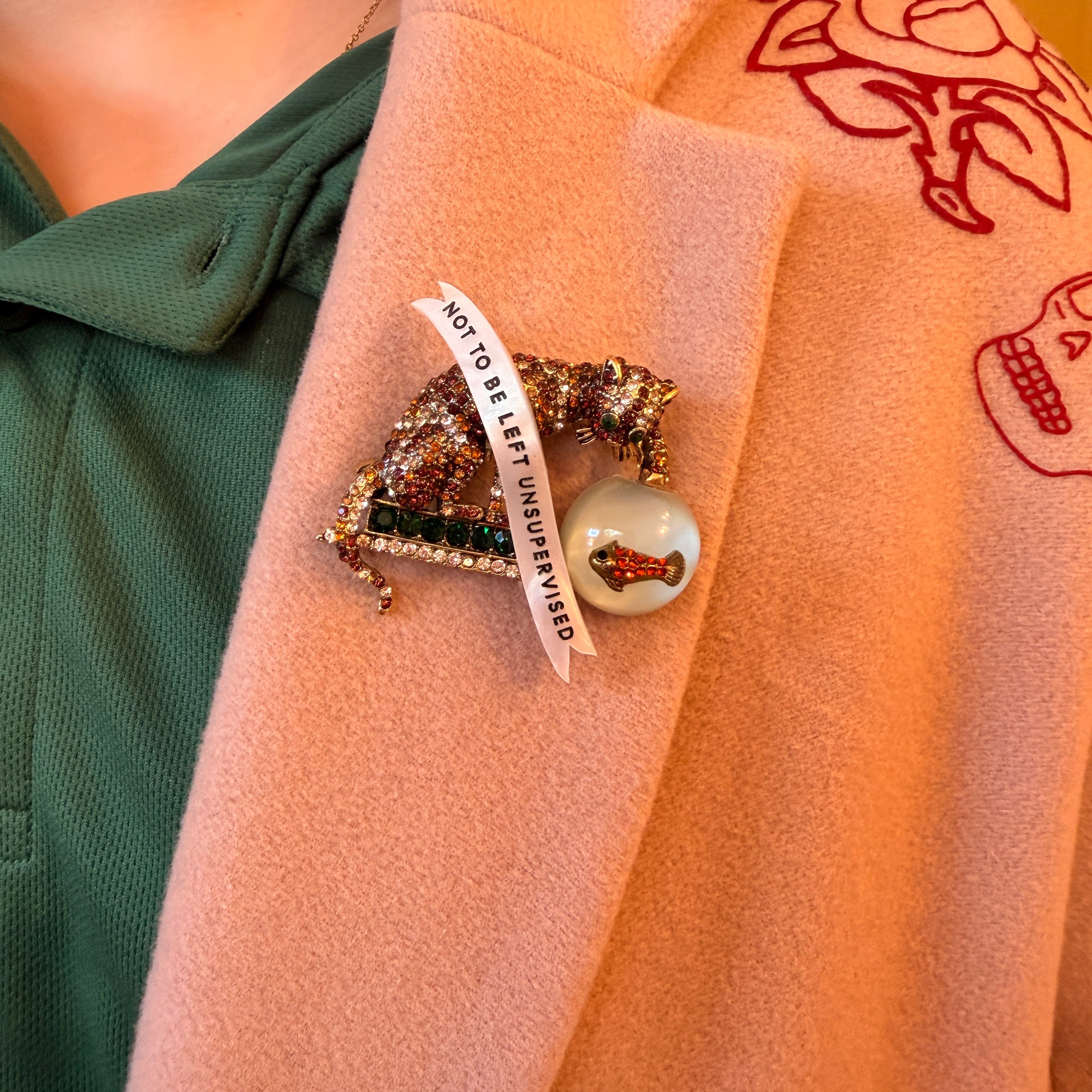Not to be left unsupervised, naughty cat diamanté pin.